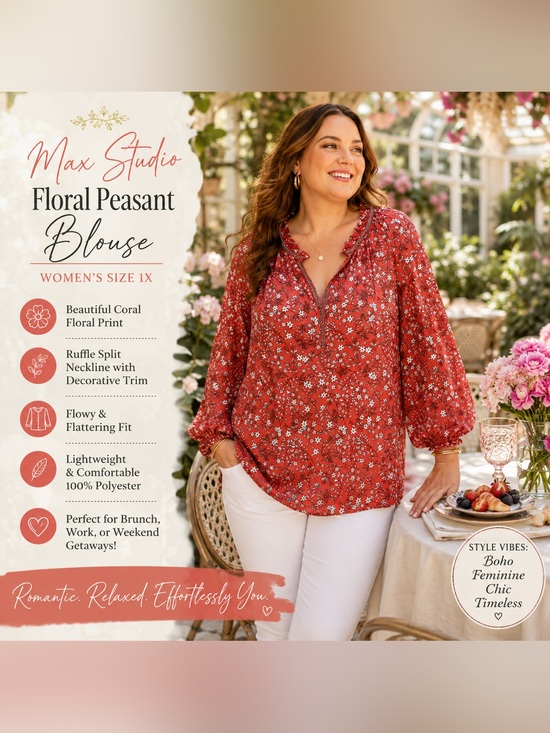 Max Studio Tops - Max Studio 1X Coral Floral Peasant Blouse | Ruffle Split Neck Boho Top Plus Size